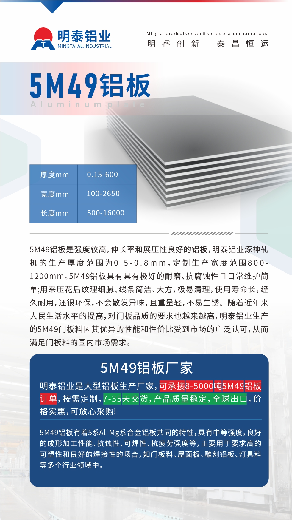 5M49鋁板是強度較高，伸長率和展壓性良好（hǎo）的鋁板，明泰鋁業涿（zhuō）神軋機的生產（chǎn）厚度範圍為0.5-0.8mm，定製生產（chǎn）寬度範圍800-1200mm。5M49鋁板具有具有極（jí）好的（de）耐磨（mó）、抗腐蝕性且日常維護簡單;用來壓（yā）花後紋理細膩、線條簡潔（jié）、大方，極易清（qīng）理，使用壽命長，經久耐用，還很環保，不會散發異味，且（qiě）重（chóng）量輕，不（bú）易生鏽。 隨著近年來人（rén）民生活水平的提高，對門板品質的要求也越來越高，明泰鋁業生產（chǎn）的5M49門板料因其（qí）優異的性能和性價（jià）比受（shòu）到市場的廣泛認可，從而滿足門板料的國（guó）內市場需（xū）求。
