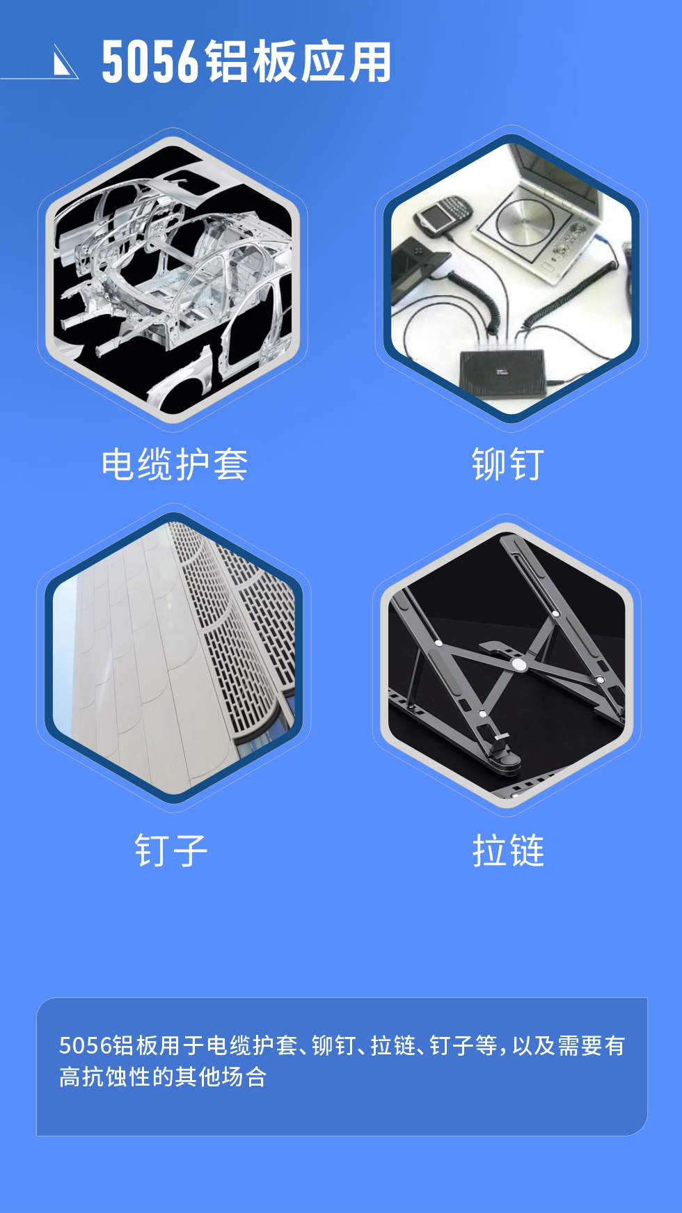 市場應用
　　5056鋁板用於電纜護套、鉚（mǎo）釘、拉鏈、釘子等，以及（jí）需要有高抗蝕性的其他（tā）場合。
　　5056鋁板生產廠家
　　明泰鋁（lǚ）業支持定（dìng）做，為用戶合理推薦更合理產品規格（gé），並提供優惠報價，讓您選購無憂（yōu）。
　　明泰鋁業是一家集科（kē）研、加工、製（zhì）造為一體（tǐ）的大型現代（dài）化鋁加工企（qǐ）業。公司可生產（chǎn）1-8係鋁板帶箔產品，規格齊全。