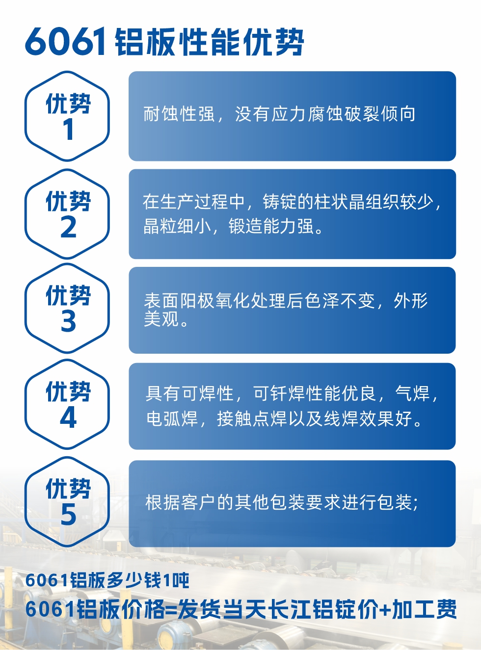 明泰鋁業6061鋁板性能優勢(shì) 1、耐蝕(shí)性強,沒有應力腐蝕破裂傾向。 2、在生產過程(chéng)中,鑄錠的柱狀晶(jīng)組織較少,晶粒細小,鍛造能力強。 3、表麵陽(yáng)極氧化處理後色澤不變,外形美觀。4、具有可焊性,可釺焊性能優良,氣焊,電弧焊(hàn),接觸點焊以(yǐ)及線(xiàn)焊效果(guǒ)好。