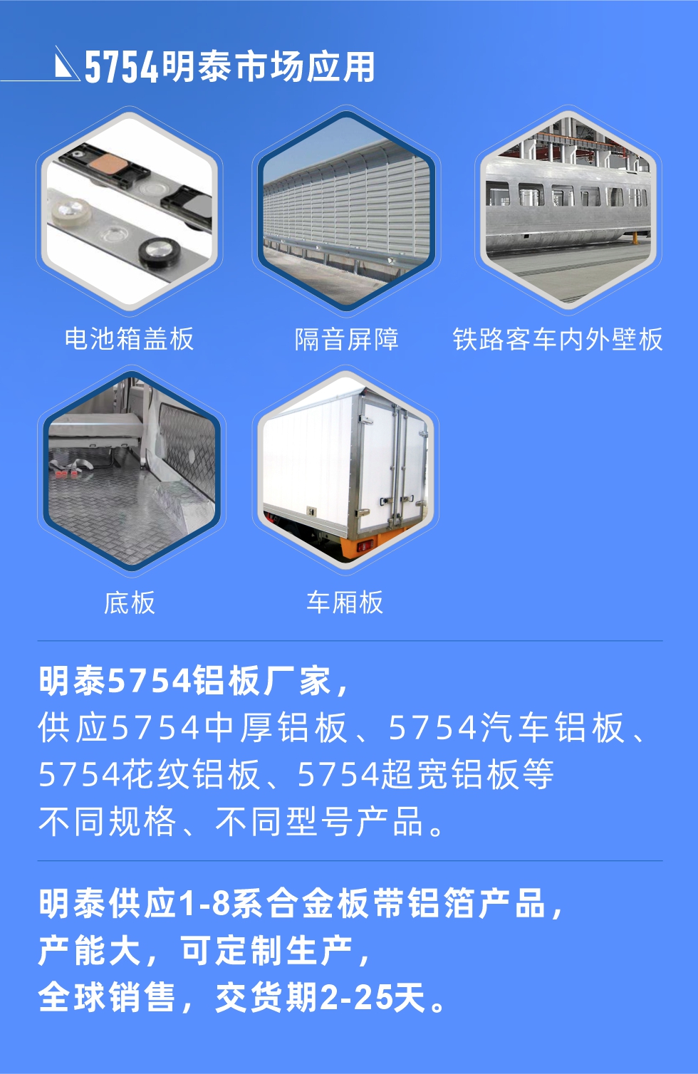明泰5754鋁板優勢　　1、可焊接性能強，焊接裂縫的傾向低，焊縫和基體金屬的強（qiáng）度高。　　2、表麵的氧化物較少，軋製板材的表麵質量好，光滑無裂紋，無腐蝕斑點和（hé）硝鹽痕跡。　　3、5754鋁板屬於中高強度的鋁（lǚ）合金，疲勞性能和耐（nài）腐蝕性能好。　　4、可根據客戶需求定製不同厚度、不同版型的5754鋁板產品。　　5754鋁板生產以及包裝要求
　　1、表麵不允許有（yǒu）裂紋、腐蝕斑點和硝鹽痕跡。　　2、表麵上允許有深度不超過缺陷所在部位壁厚公稱尺寸8%的起皮、氣（qì）泡、表麵粗超和局部（bù）機械損傷，但缺陷深（shēn）度不能超過0.5mm,缺陷總麵積不超過板材總麵積的5%。　　3、允許供貨方沿型材縱向打（dǎ）光至表麵光滑。　　4、其他要求：有需求方和供貨方自己（jǐ）擬定。