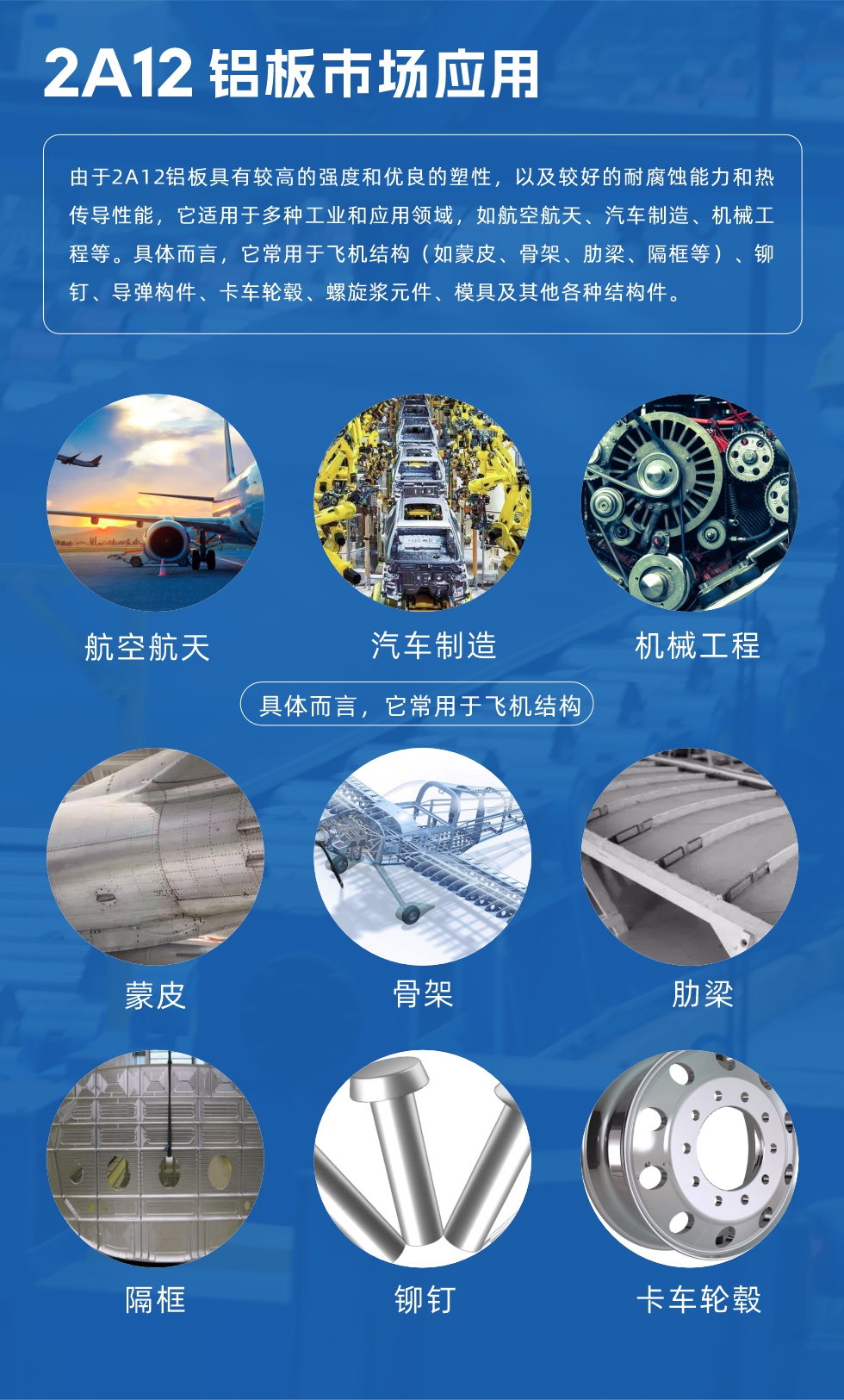 2A12鋁板（bǎn）產（chǎn）品用途由於2A12鋁板具有較高的強度和優良的塑性，以及較好的耐腐蝕能力和熱傳導（dǎo）性能，它適用於多種工業和應用領（lǐng）域，如航空航（háng）天（tiān）、汽車製造、機械（xiè）工（gōng）程等。具體而言，它常用於飛機結構（如蒙皮、骨架、肋梁、隔框等）、鉚釘（dìng）、導彈構件、卡車輪轂、螺旋漿元件、模具及其他各種結構件。
