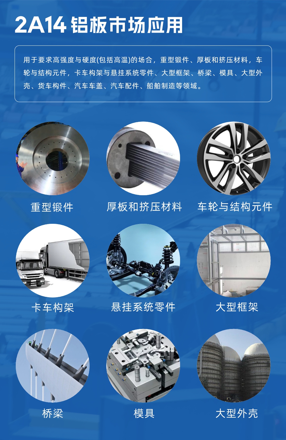 2A14鋁板市場應用：用（yòng）於要（yào）求（qiú）高強度與硬度（dù）(包括高溫)的場合，重型（xíng）鍛件、厚板和擠壓（yā）材料，車輪與結構元（yuán）件，卡車構架與懸（xuán）掛（guà）係統零件、大型框架、橋梁、模具、大型外殼、貨車構件、汽車車（chē）蓋、汽車配件、船舶（bó）製造等領（lǐng）域。
