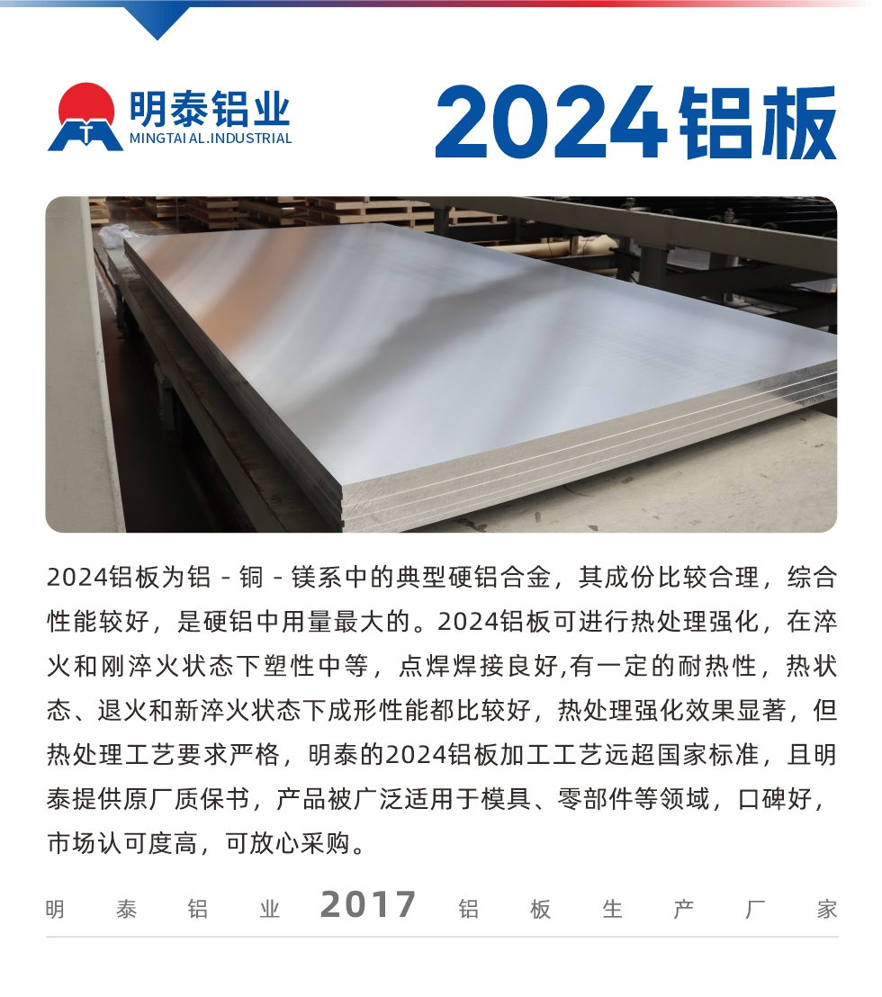 2024鋁板為鋁－銅－鎂係中的典型硬鋁合金，其成份（fèn）比較合理，綜合性能較好（hǎo），是硬鋁中用量最大的（de）。2024鋁板可進行熱處理強化，在（zài）淬火和剛淬（cuì）火狀態下塑性中等，點焊（hàn）焊接良好,有一定的耐熱性，熱（rè）狀（zhuàng）態、退火和新淬火狀態下成形性（xìng）能都比較好，熱處理（lǐ）強化效果顯著，但熱處（chù）理工藝（yì）要求嚴格，明泰的2024鋁（lǚ）板加工工（gōng）藝（yì）遠超國家標準，且明泰提供原廠質（zhì）保書，產品被廣泛適用（yòng）於模具、零（líng）部件（jiàn）等領域，口碑好，市場認可度高（gāo），可放心采購。

