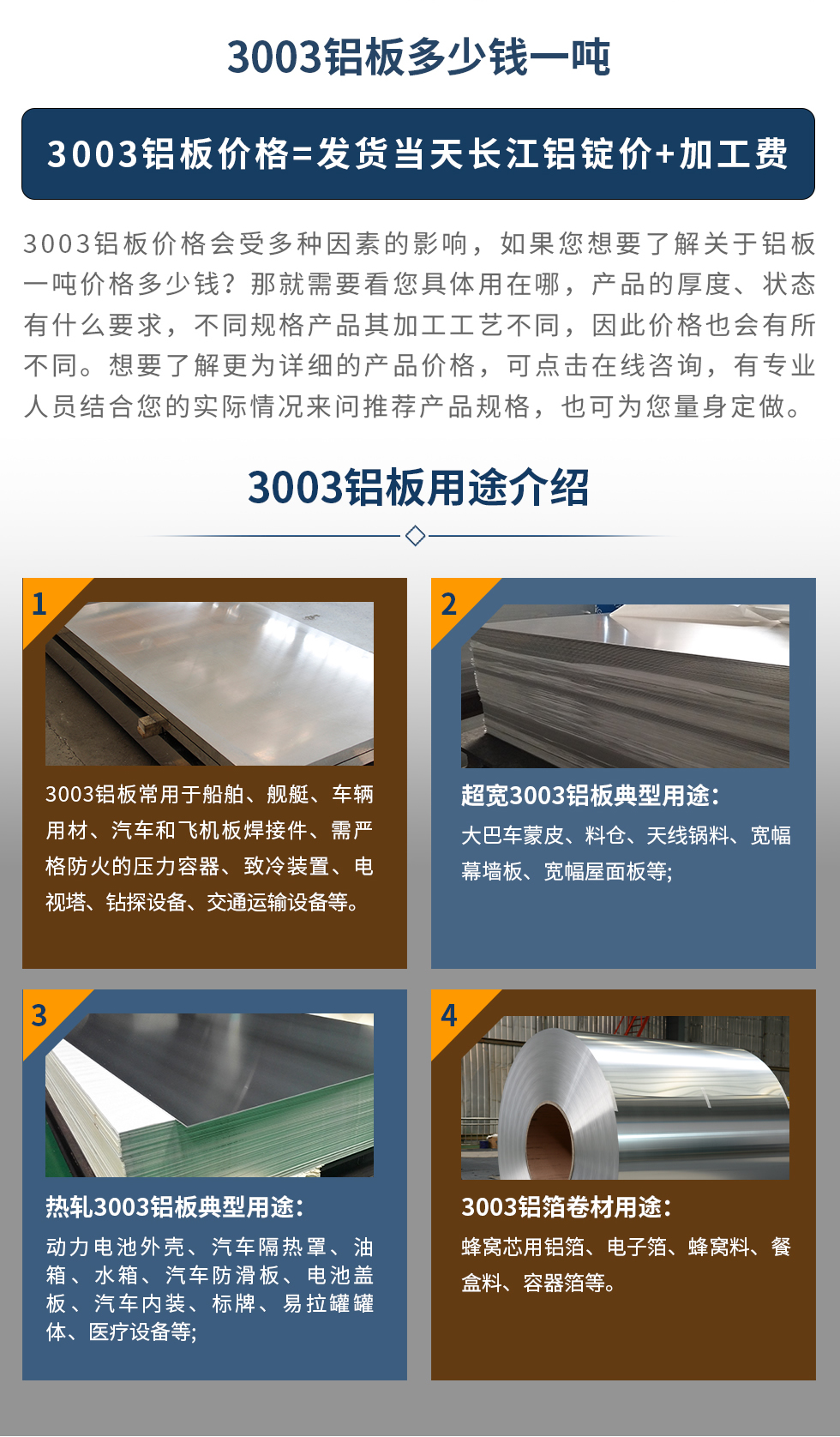 3003鋁板用途（tú）介紹
　　3003鋁（lǚ）板常用於船舶、艦（jiàn）艇、車輛（liàng）用材（cái）、汽車和飛機板焊接件、需嚴格防火（huǒ）的壓力（lì）容器、致冷裝置、電視塔、鑽探設備（bèi）、交通（tōng）運輸設備等。超寬3003鋁（lǚ）板典（diǎn）型用途：大巴（bā）車蒙皮（pí）、料倉、天（tiān）線鍋料、寬幅幕牆板、寬幅（fú）屋麵板（bǎn）等;熱軋3003鋁板典型用途：動力（lì）電池外殼、汽車隔熱罩、油箱、水箱、汽車（chē）防滑板、電（diàn）池蓋板、汽車內裝、標牌、易拉罐罐體、醫療設備等;3003鋁箔卷材用途： 蜂窩芯用鋁箔、電子箔、蜂窩料、餐盒（hé）料（liào）、容器箔等。