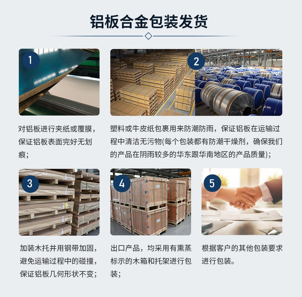 鋁板（bǎn）合金包（bāo）裝發貨
　　1、對鋁板進行夾紙或覆膜，保證鋁板表麵完好無劃痕（hén）;
　　2、塑料或牛皮紙包（bāo）裹用來防潮防雨，保證鋁板（bǎn）在運輸（shū）過程中（zhōng）清潔無（wú）汙（wū）物(每個包裝（zhuāng）都有防潮幹燥劑（jì），確保天美麻花果冻视频大全的（de）產品在陰雨較多的華東跟華南地區的產品質量);
　　3、加裝木托並用鋼帶加固，避免運輸過程中的碰（pèng）撞，保證（zhèng）鋁板幾何（hé）形（xíng）狀不變;
　　4、出口產品，均采用有熏蒸標示的木箱和托架進行包裝;
　　5、根據（jù）客戶的其他包裝要求進行包裝;